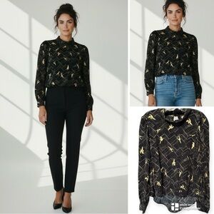 Cotelac 100% silk Black with gold birds Blouse